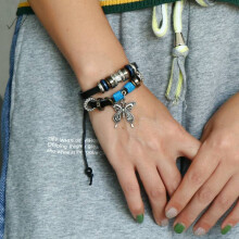 String Leather Beaded Bracelet With Alloy Butterfly Pendant For Women And Men