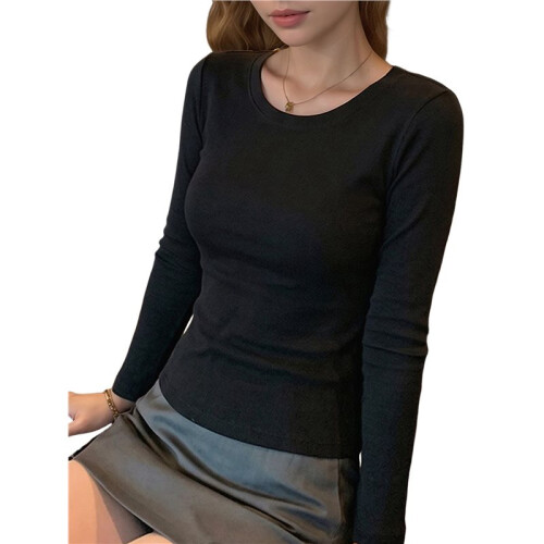 Damen Scoop Neck Slim Fit Langarm Basic Thermounterhemd Schwarz XL