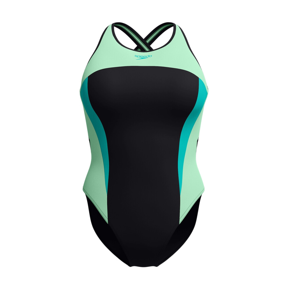 Speedo (10 Uk, Turquoise/Green) Womens/Ladies Splice High-Neck Cross Back One Piece Swimsuit