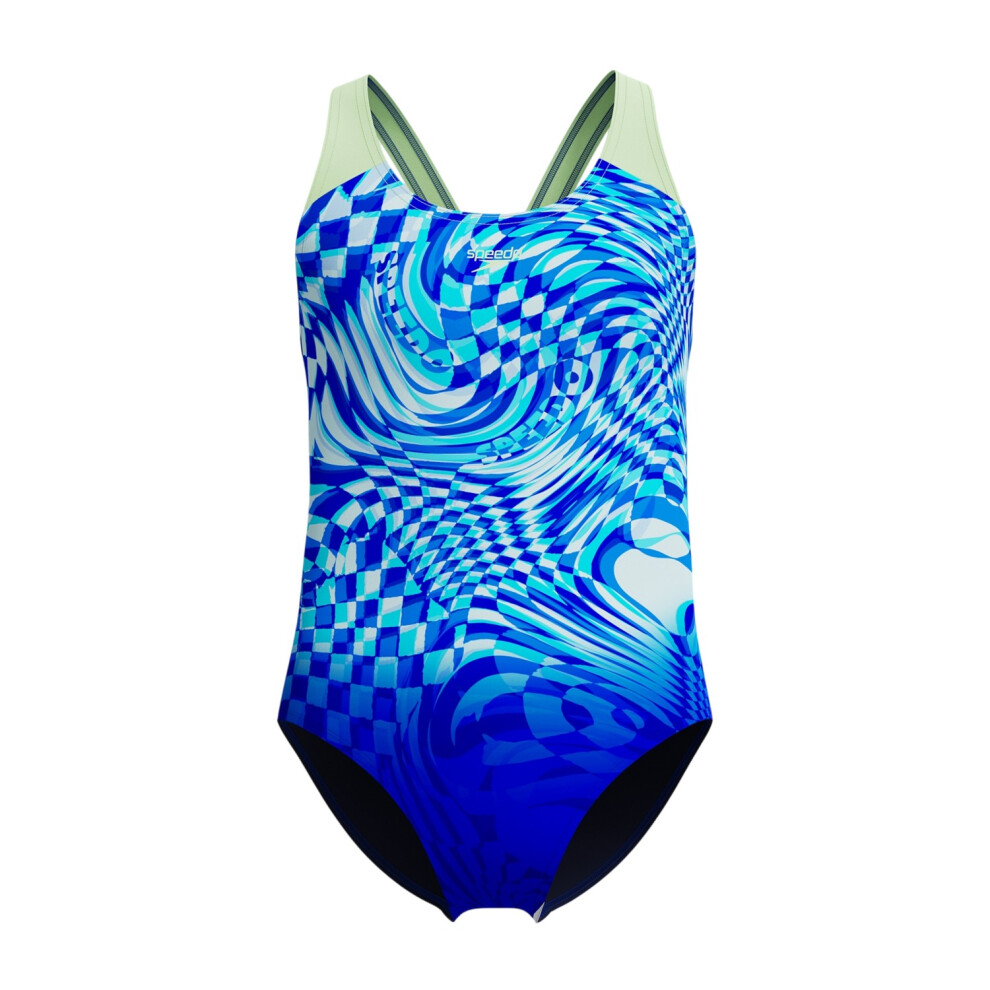 Speedo (7-8 Years, Blue/Dark Blue) Girls Mosaic Splashback One Piece Swimsuit