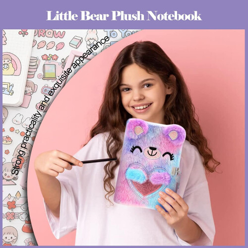 Plush Notebook with Lock, Diary for Girls, Bear Plush Diary Gift 1