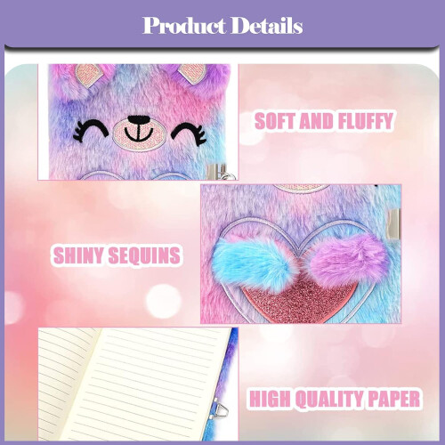 Plush Notebook with Lock, Diary for Girls, Bear Plush Diary Gift 2