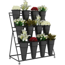 Flower Display Stand 3Tier Outdoor Plant Rack With Wheels, Wrought Iron, Plastic Buckets Included, 39.4Inch, Black