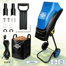 Electric Garden Shredder, 10M UK Plug Power Cord, 45L Collection Bag, 2 Blades for Shredding Leaves, Twigs and Small Branches