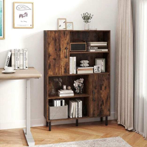 Brown Sideboard Cabinet, 4 Compartments, 2 Doors, Metal Legs 1