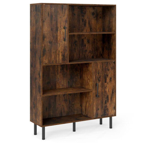 Brown Sideboard Cabinet, 4 Compartments, 2 Doors, Metal Legs 2