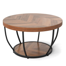 Mesa de centro redonda, estrutura em madeira e metal, design de 2 níveis