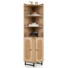 Estante de canto em rattan PE Armário de 172 cm de altura com 2 portas e 4 prateleiras abertas natural