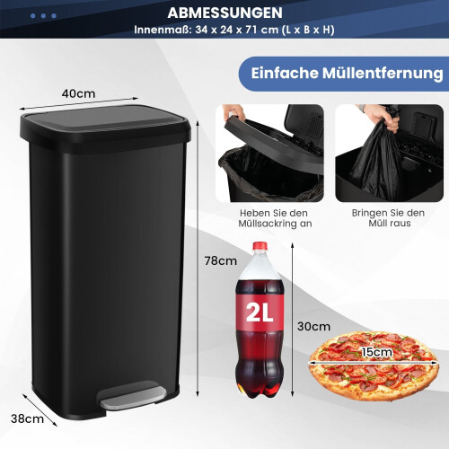 Schwarzer Küchenabfalleimer (68 l) mit Soft-Close-Deckel
