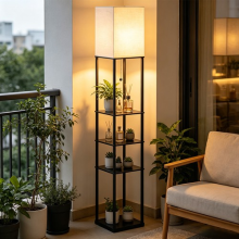 LED Floor Lamp Modern 4 3 Tier Storage Display Shelf Wooden Lounge Living Room