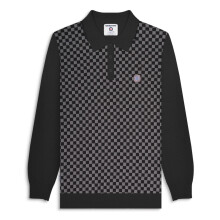 (L, Black/Grey) Lambretta Mens Knitted Check Long Sleeve Polo Shirt