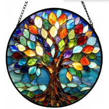 Glas-in-lood Levensboom raamhanger, kleurrijke acryl raamdecoratie, tuinornament met metalen ketting.