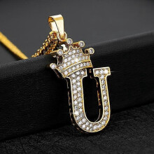 Ketting met initialen A-Z en kroonmotief voor dames en heren, hiphop ketting sieraden, kristallen zirkonia hanger kettingen C