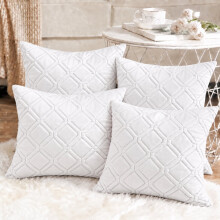 (Pack of 4, White) Diamond Embossed Velvet Cushions with Filling | Luxury Soft Throw Cushions for Sofa Bed & Living Room