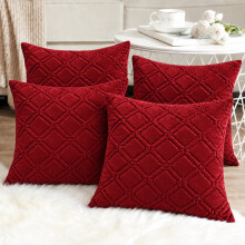 (Pack of 4, Burgundy) Diamond Embossed Velvet Cushions with Filling | Luxury Soft Throw Cushions for Sofa Bed & Living Room