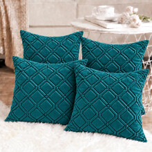 (Pack of 4, Teal) Diamond Embossed Velvet Cushions with Filling | Luxury Soft Throw Cushions for Sofa Bed & Living Room