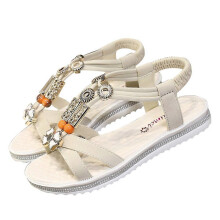 Sandali estivi da donna alla moda con tacco basso e perline (beige, taglia 37)