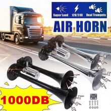 Super Loud 12V/24V 1000DB Air Horn Kit Dual Trumpet Truck Air Horn with Compressor for Any 12V /24Vehicles_hb