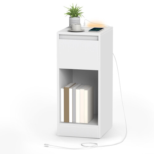 Nightstand - Wood - Cloud White - Slim Design with Charging Station and LED Light 1