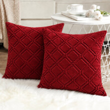 (Pack of 2, Burgundy) Diamond Embossed Velvet Cushions with Filling | Luxury Soft Throw Cushions for Sofa Bed & Living Room