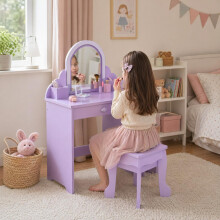 GarveeMore Kids Dressing Table with Mirror and Stool, Girls Wooden Dressing Table with Lights & Pretend Make-Up Set, Childrens Role Play Princess Room