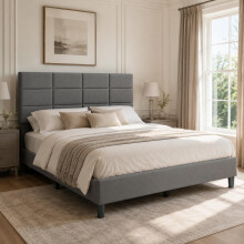 GarveeMore Upholstered Bed Frame, 3-Level Headboard, Dark Grey, Double