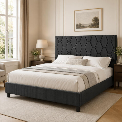 GarveeMore Upholstered Bed Frame, Adjustable Headboard, Dark Grey, Double