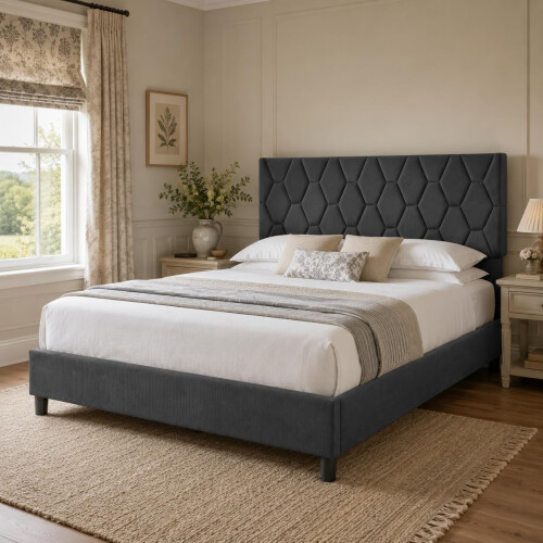 GarveeMore Upholstered Bed Frame, Adjustable Headboard, Dark Grey, Double 1