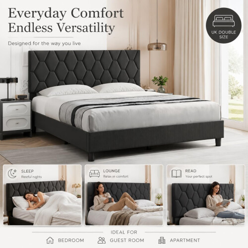 GarveeMore Upholstered Bed Frame, Adjustable Headboard, Dark Grey, Double 2