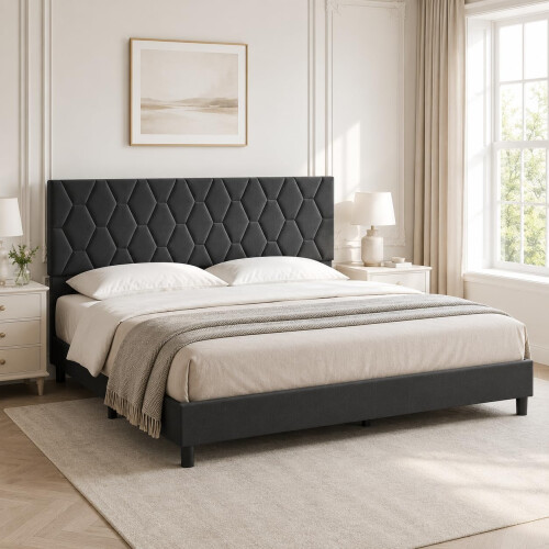 GarveeMore Upholstered Bed Frame, Adjustable Headboard, Dark Grey, King 1