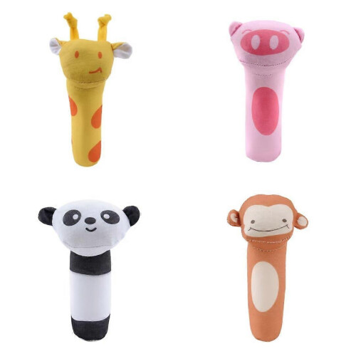 4er-Set Plüschtiere mit Handrasseln für Babys – Giraffe, Affe, Schwein, Panda
