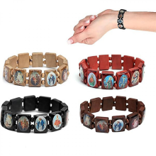4er-Set Rosenkranz-Armbänder aus Holz, elastische Armbänder mit Abbildungen religiöser Heiliger, katholische Armbänder für Gebete und M