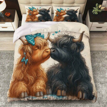 (Brown, 229cmx229cm) 3Pc Pastoral Style Floral Highland Cow Quilt Cover Set, Bedding Three-Piece Set (1*Quilt Cover 2*Pillowcases),