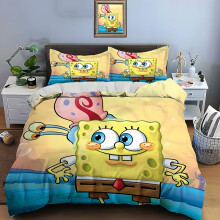 (suits P, AU Single 140X210cm) Multiple Sizes SpongeBob Cartoon Print Bedding Set 1 Duvet Cover 2 Pillowcases Adult and Kids Bedding Set Luxury Gifts