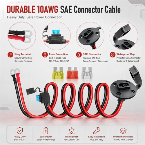 SAE Connector 10AWG, SAE to O  Battery Quick Connect Plug Waterproof Extension Cable for Solar Panel,3.3FT
