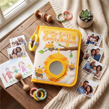 Baby Cloth Book Photo Album Toy - Interactive Crinkle & Mirror Book for Sensory Development, Grasping Practice