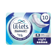 Lil-Lets Freshlock Ultra Thin Period Pads - 10 Count (1 Pack), Night Absorbency, with Wings, Unscented, 100% Cotton Cover, Nightime Sanitary Towels