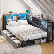DICTAC 3ft Single Bed 90x190 with 2 Storage Drawers, Single Storage bed with LED Lights & Charging Station, Day Bed with Storage, Oak Grey LED Corner