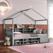 GYMAX Wooden Kids Bed Frame, 201x116cm Children Floor Bed with Guardrails, 14 Storage Cubes, Enclosed Cabinet and Roof, Toddler House Daybed for Boys