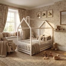 CFDZ CF Furniture White Pine Wood Kids Bed Frame Single BedFrame House Scandinavian style Bed Frame Children Bed for Bedroom Furniture, Mattress (WITH