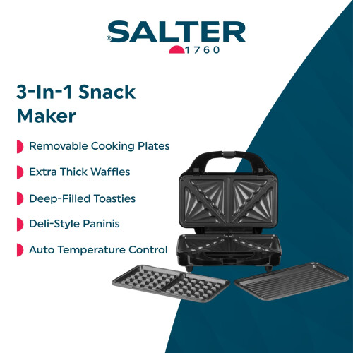 Salter Salter 3In1 Snack Maker Sandwich Toaster Waffle Maker Panini Press Gr 1