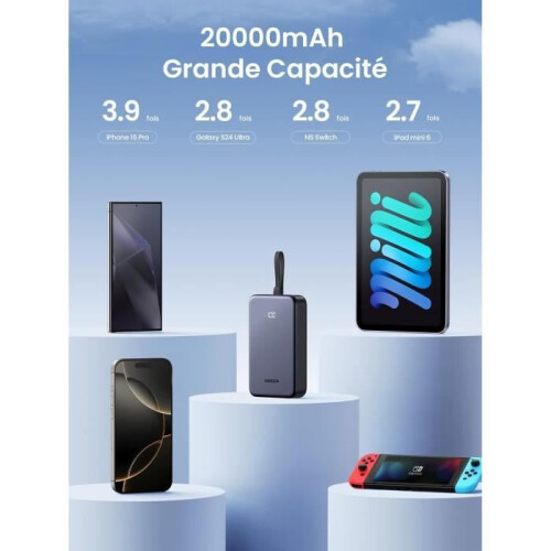 Batterie externe - UGREEN - 20000mAh - Câble USB-C intégré - PD 22,5W - QC 3.0 2