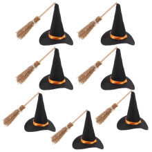 PRETYZOOM Mini Witch Hat and Broom Set Halloween Decorations
