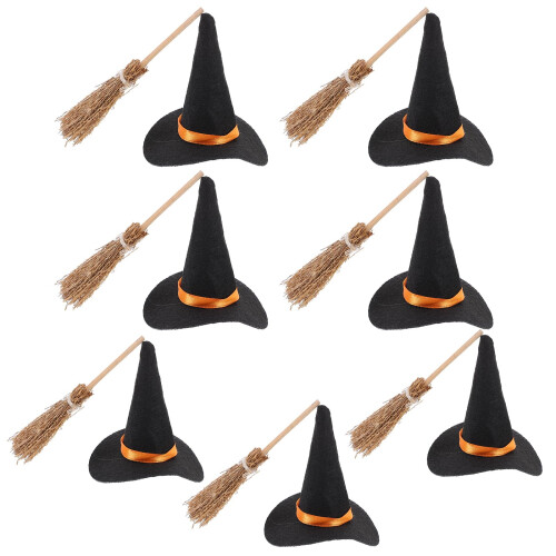 PRETYZOOM Mini Witch Hat and Broom Set Halloween Decorations