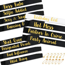 STAY GENT 12Pcs Birthday Sashes for Women and Girls, 1Pcs White Birthday Girl Sash & 11Pcs Black Party Sashes for Birthday Gifts Party Favors