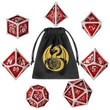 Red Silver Dragon DND Dice Set, 7PCS Metal Dice with Dice Bag, Intricate Dragon Design for Games, RPGs, Tabletop Adventures