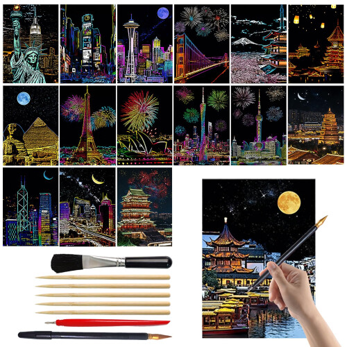 Scratch Art for Adults and Kids - 16-Piece Rainbow Scratch Notes Kit with Scratching Tools