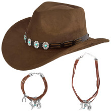 4Pcs Cowboy Hat Accessories for Women, Western Cowgirl Costume Set with Wide Brim Hat Detachable Hat Band Bracelet Necklace for Adult Carnival