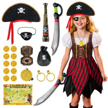 Pirate Costume Kids, Pirate Fancy Dress Set with Hat Map Accessories, Girls Pirates Dress Up