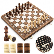 2-in-1 Magnetic Wooden Chess & Checkers Set, Foldable Travel Board